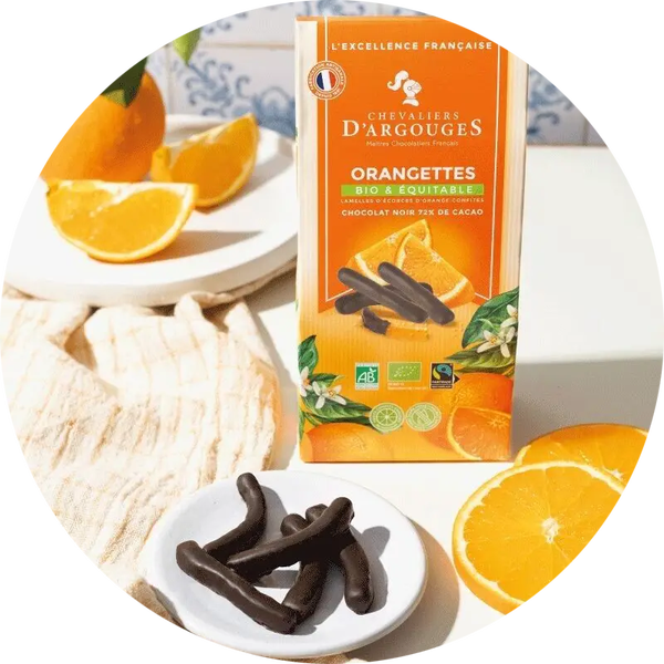 Fairtrade biologische orangettes omhuld met 72% pure chocolade Verp 20