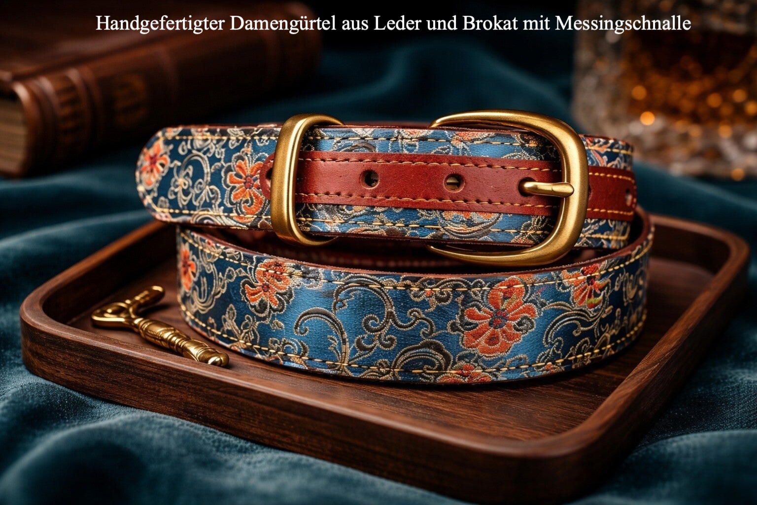 Handgefertigter Damengürtel aus Leder & Brokat – 35 mm – Elegante Messingschnalle