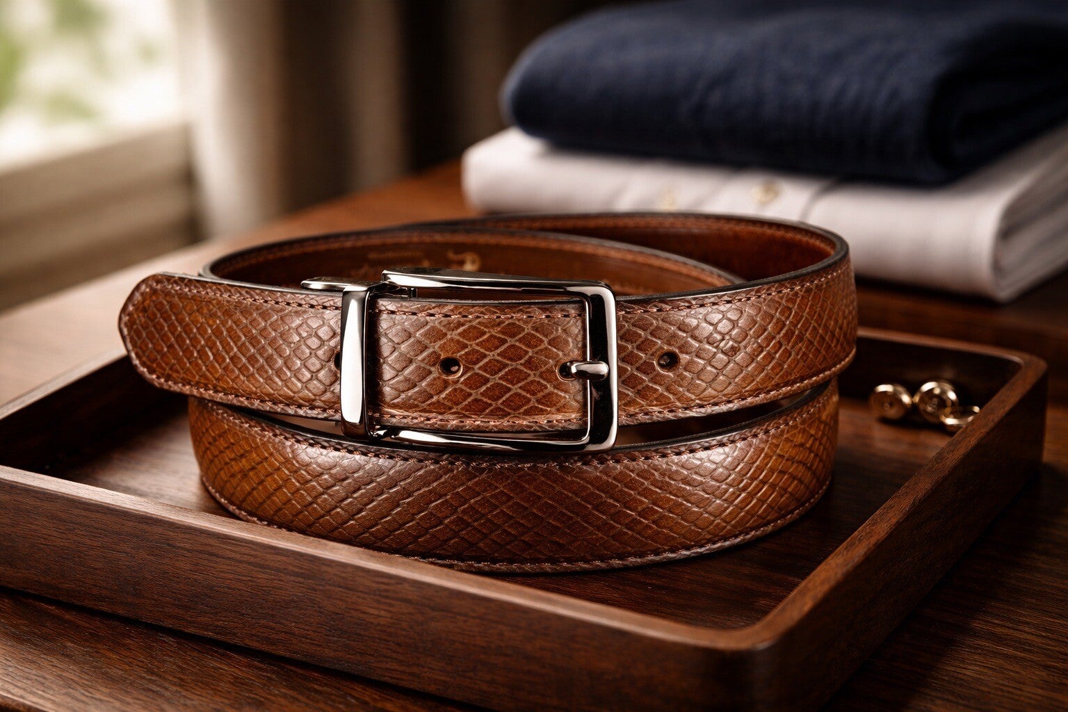 Exklusiver Gürtel mit Pythonprägung - braun