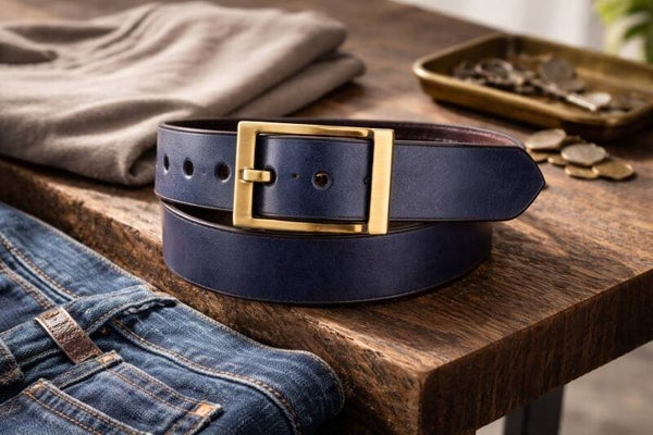 Blauer Ledergürtel mit Stylischer Schließe in Bronzeoptik