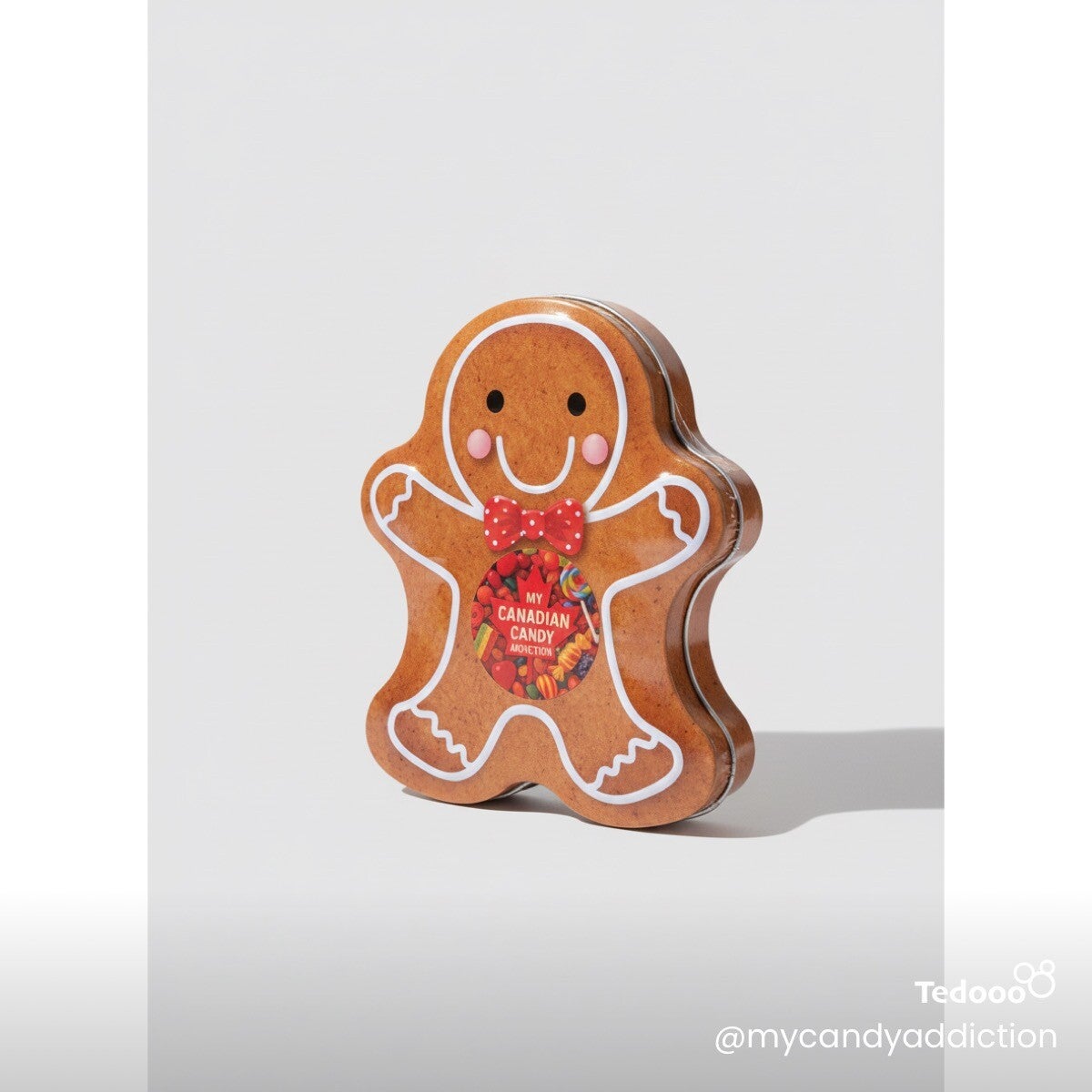 Gingerbread man container filled with Christmas candy