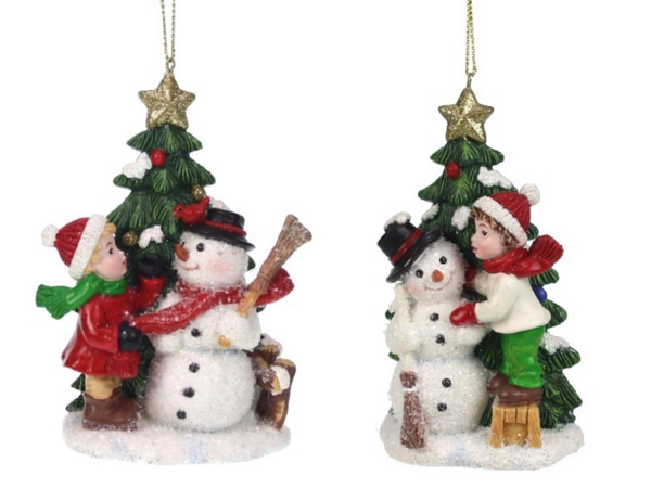 Ornament Kinderen met kerstboom en sneeuwpop