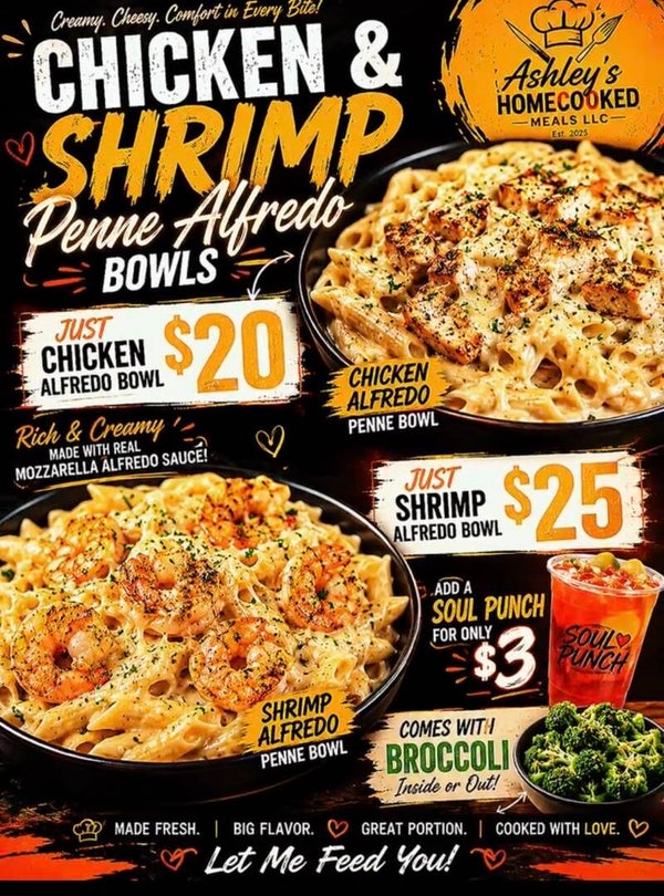 Alfredo penne bowls chicken or shrimp