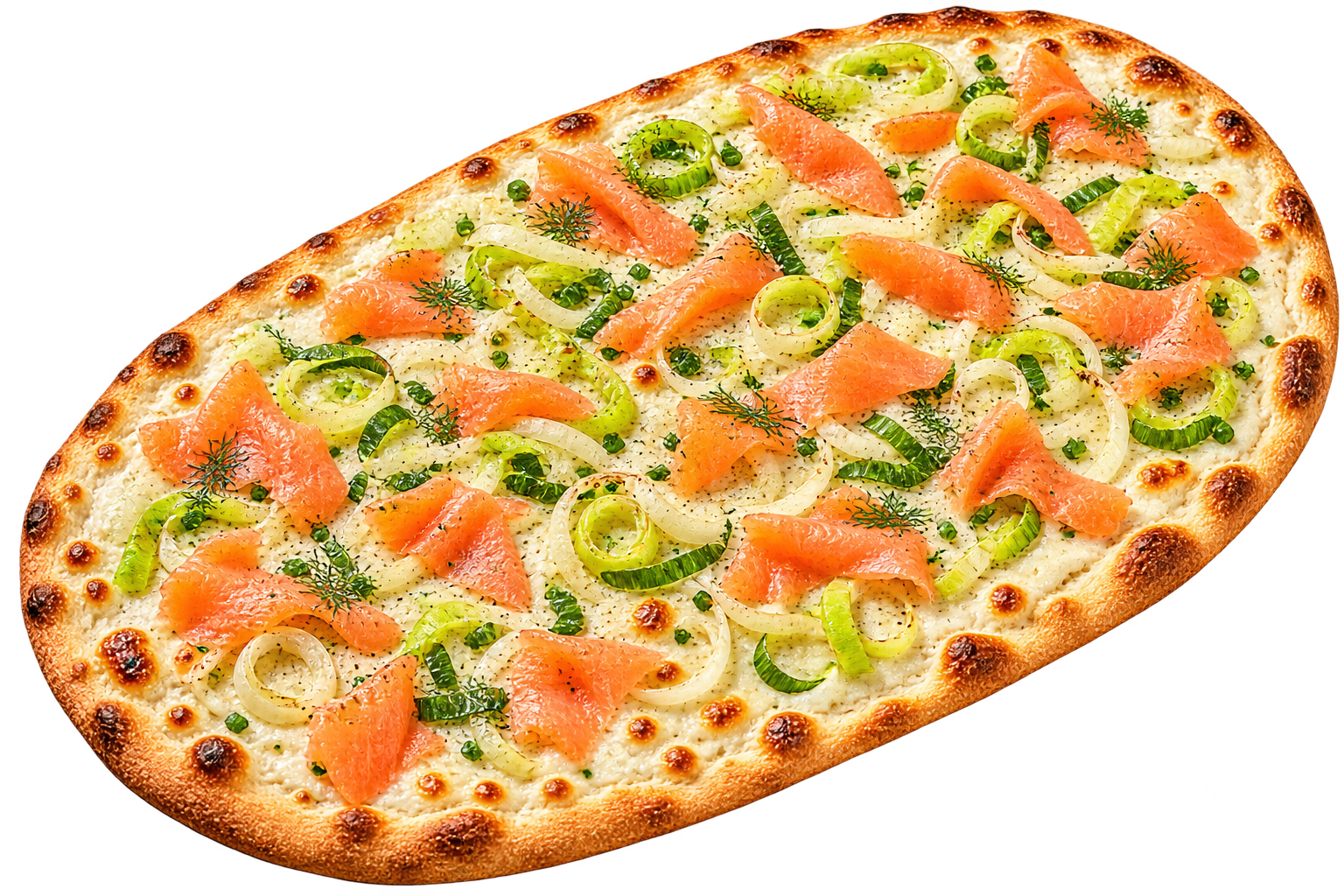 Lachsflammkuchen mit geräuchertem Wildlachs und Lauch