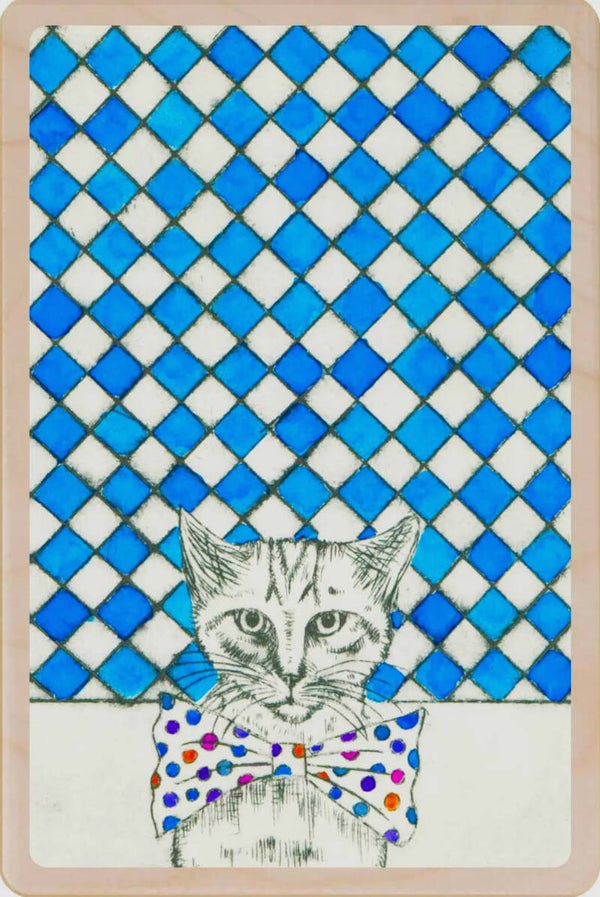 Katze mit Karo Hintergrund Holz-Postkarte