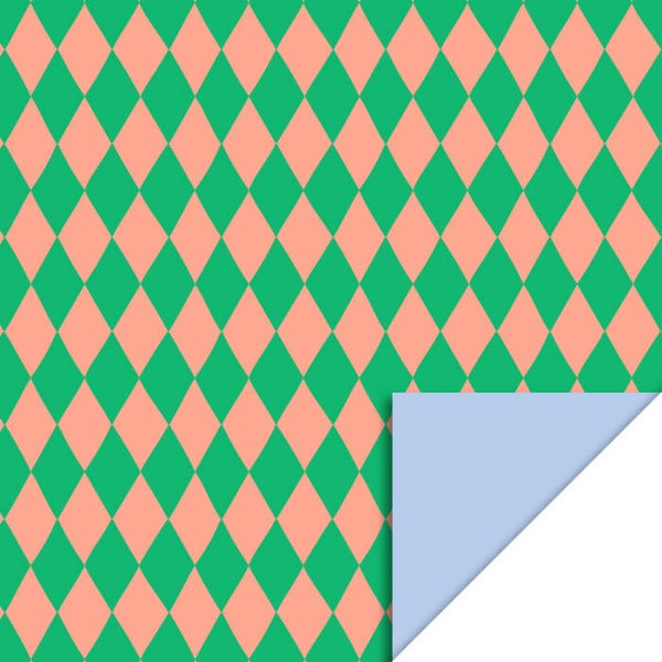 Wrapping paper - Harlequin Green/Salmon - Light Blue