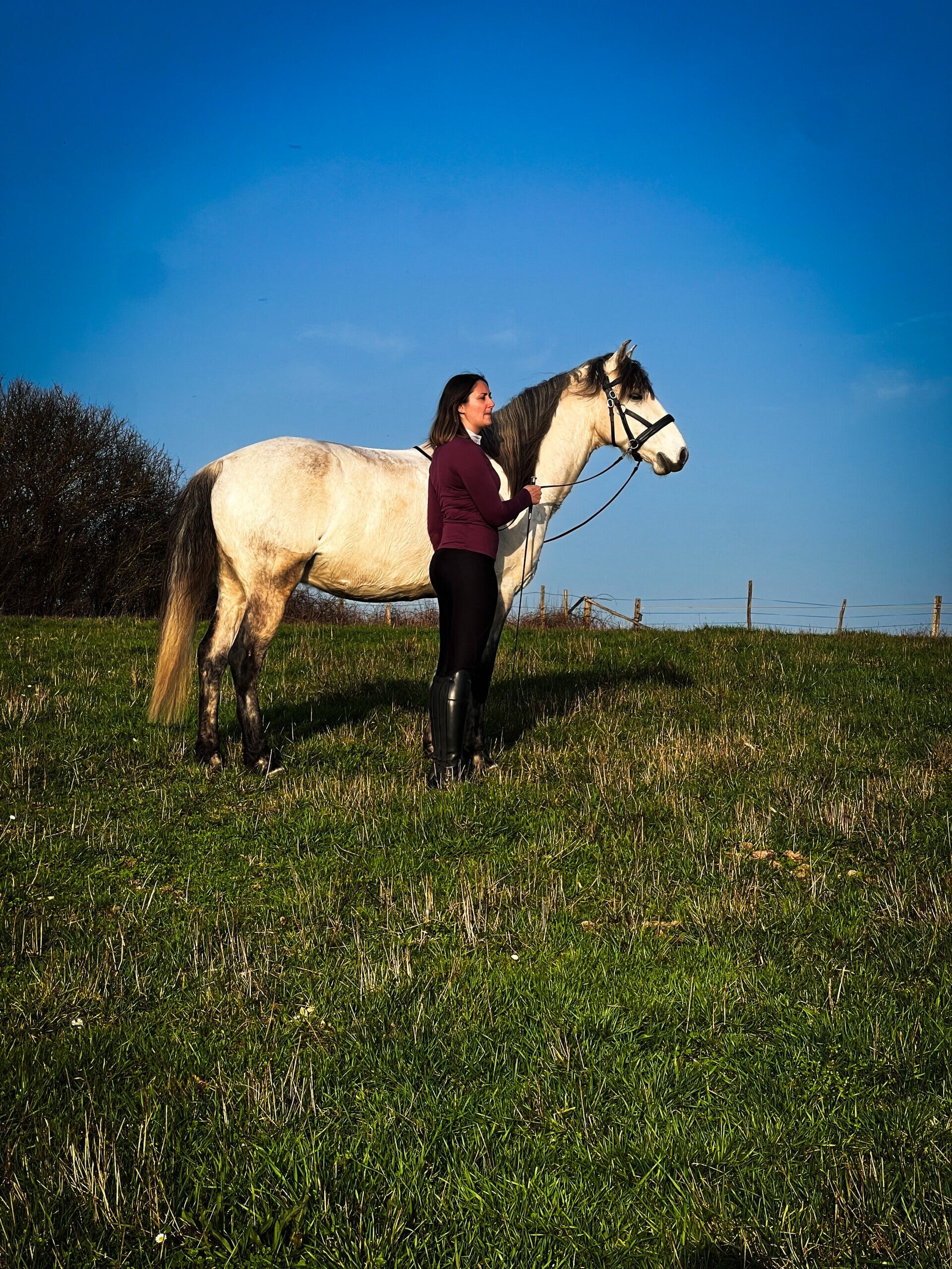 Marion, kinesiologue avec son cheval Fabuleux en train de regarder au loin