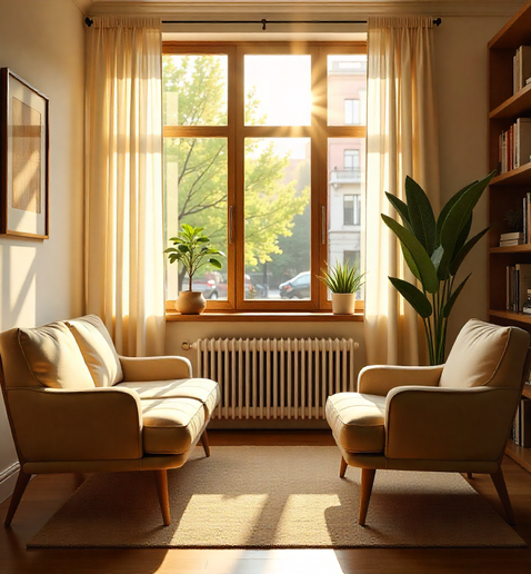 Sala acogedora con ventana de fondo, luz cálida y dos sofás para la terapia