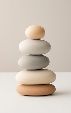 Torre de cinco cantos rodados, una sobre otra, estilo Zen. En un fondo claro y minimalista