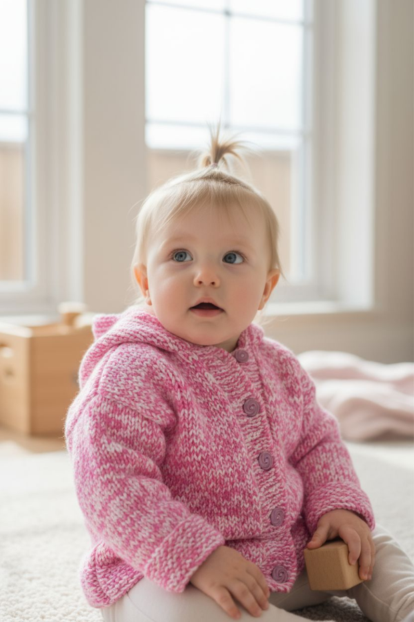 Gilet chaud pour bébé – Tricot artisanal rose 9/12 mois
