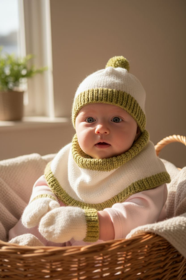 Ensemble bonnet, snood et moufles – Tricoté main en laine douce (6/12 mois)