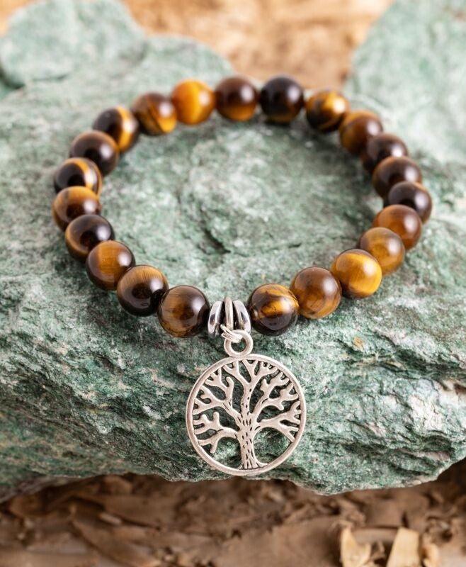 Tigerauge - Armband elastisch mit Charm Baum des Lebens