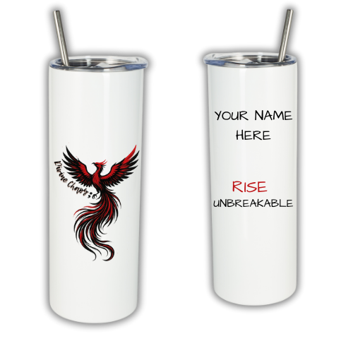 white stainless steel skinny tumblers 20 oz size with lid and aluminimum straw customizable rise unbreakable on one side with name , divine chaos logo on front