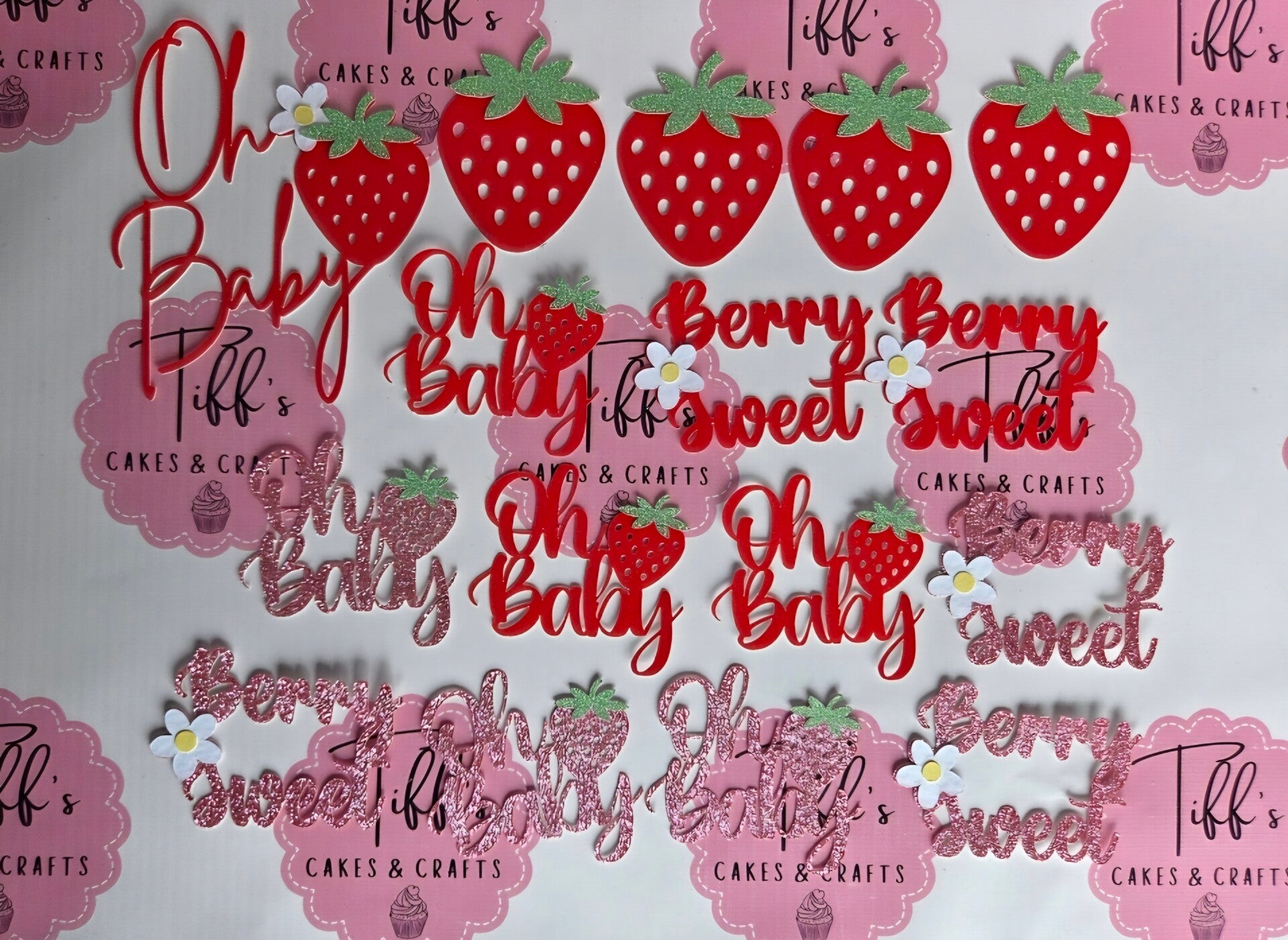 Pink & red strawberry theme, cake topper & cupcake set