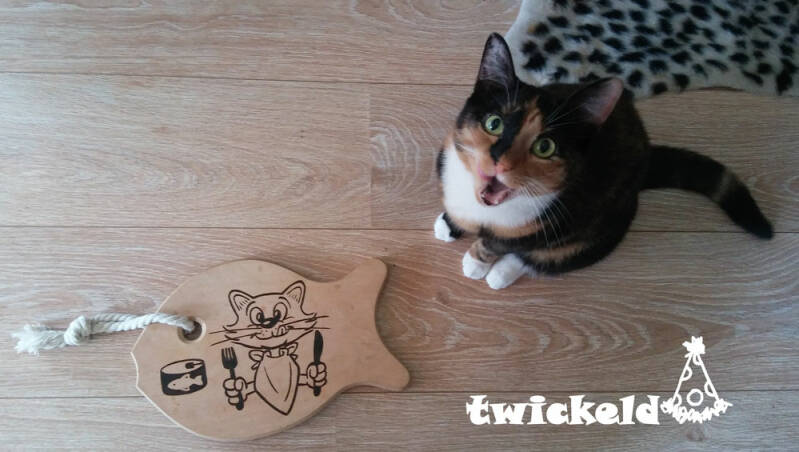 Foto van poes Croky met gehoutbrande borrelplank