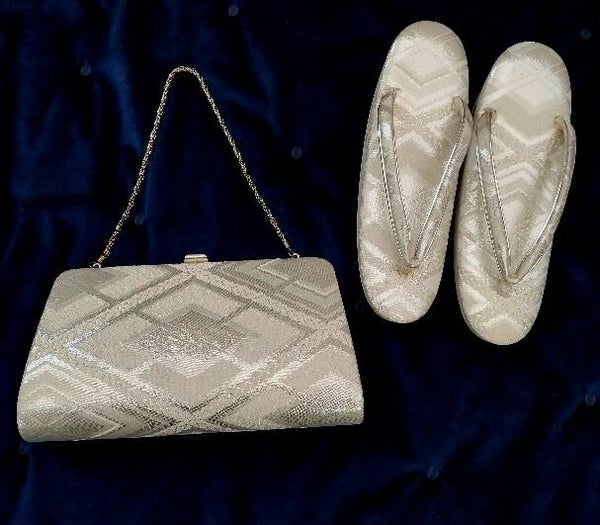 Ensemble zori et sac à main argentés en soie japonaise, neuf
