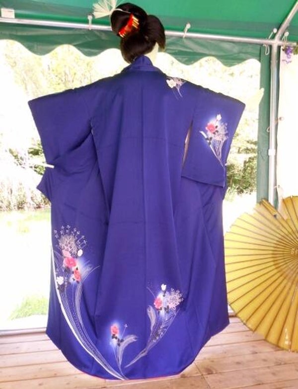 Kimono bleu foncé/indigo travail exquis à la main