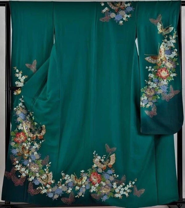 Kimono Furisode à manches longues vert émeraude vintage