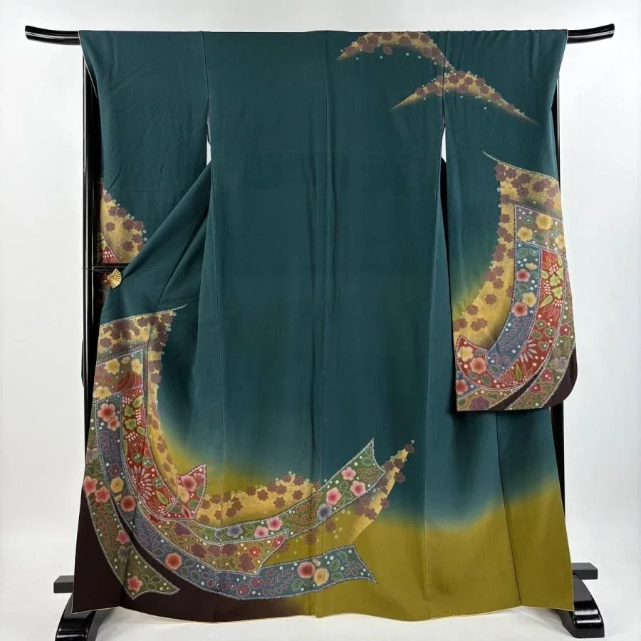 Kimono Furisode Tsujigahana 100 % soie bleu-vert foncé