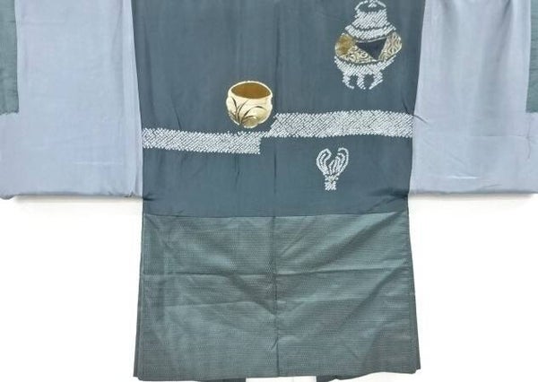 Haori homme ancien 'Cérémonie du thé' bleu-vert teint à la boue