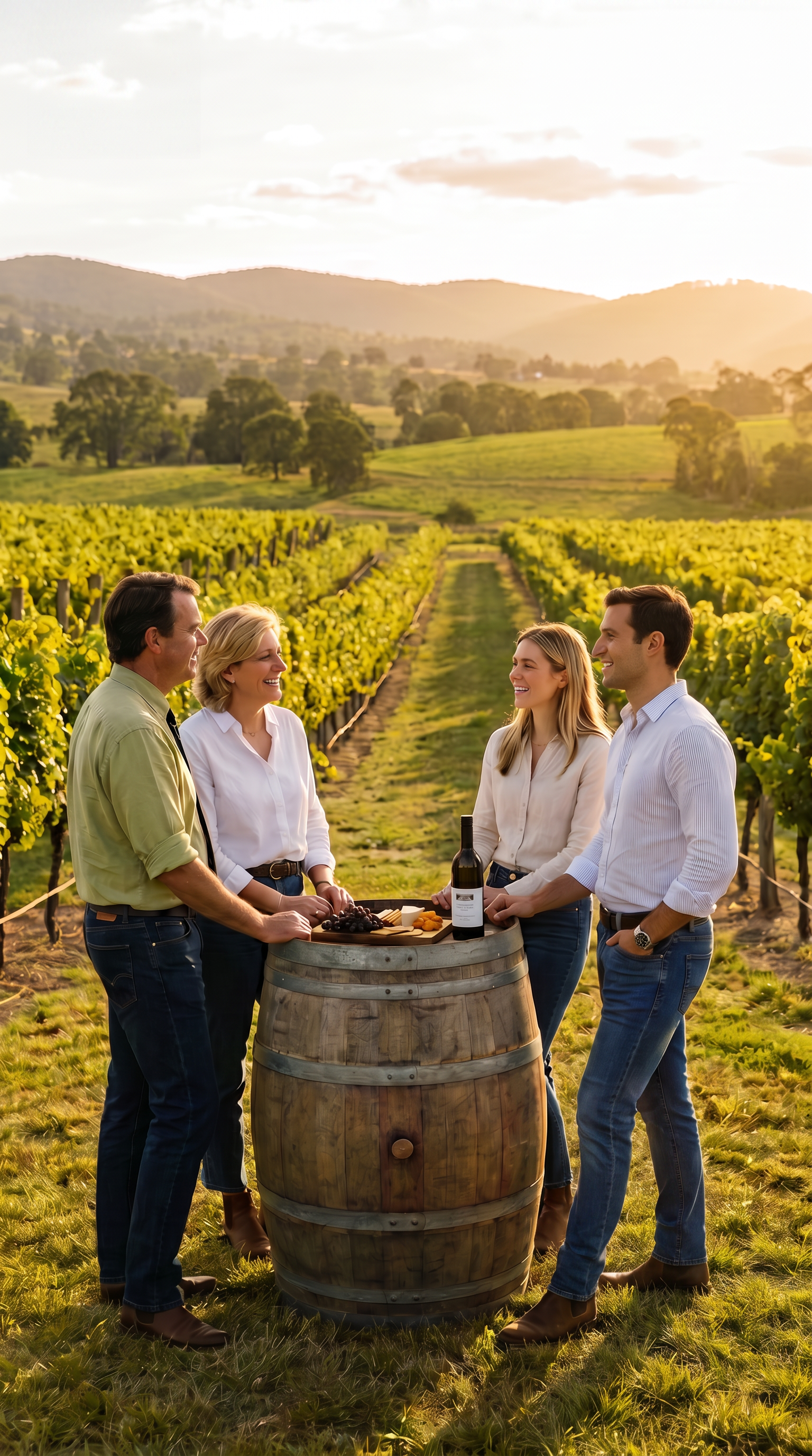 Two couples standing around a barrel in a vineyard.