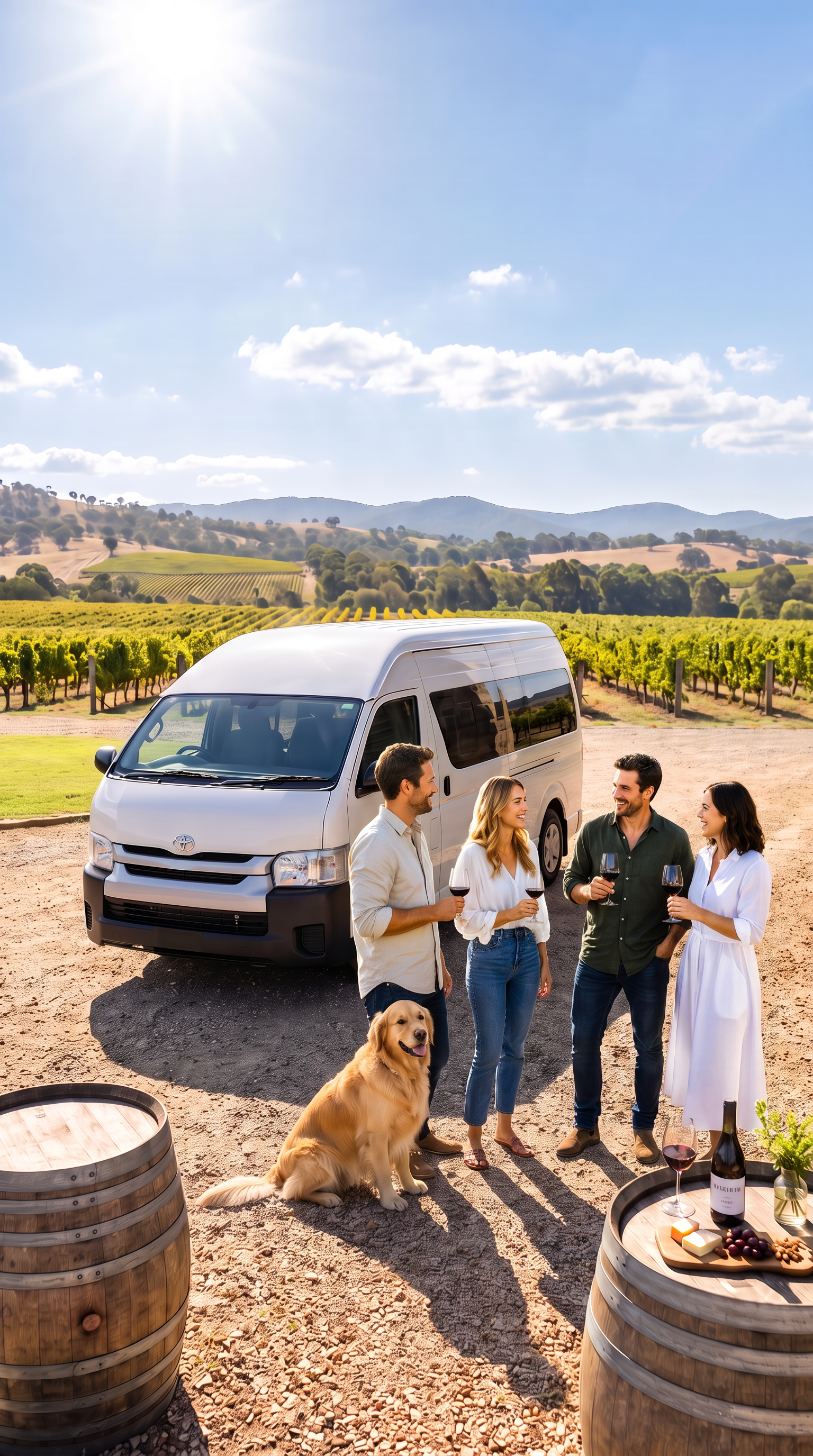 Four people and a dog next to a van in a vineyard