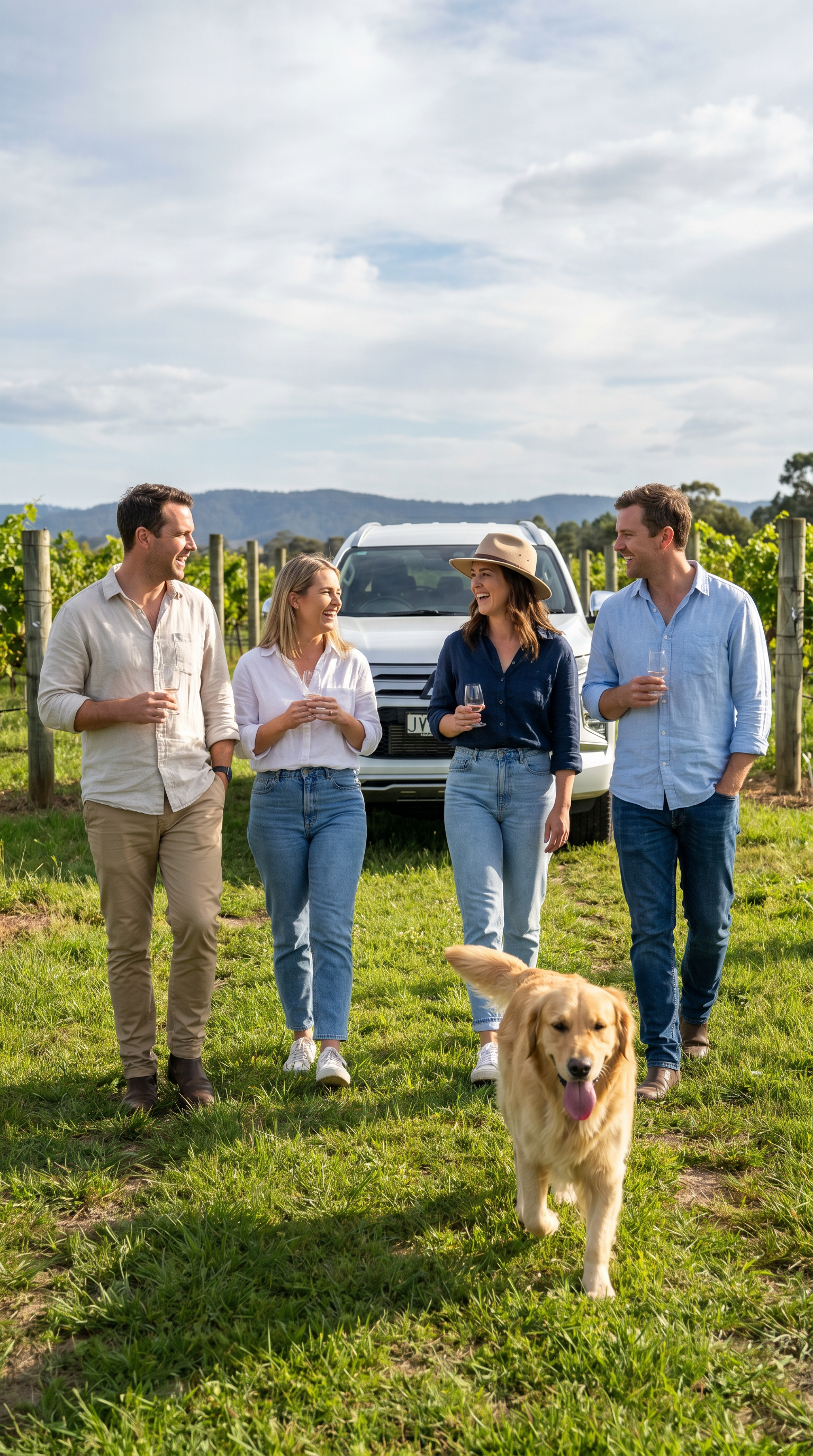 Dog with four people walking in a vineyard.