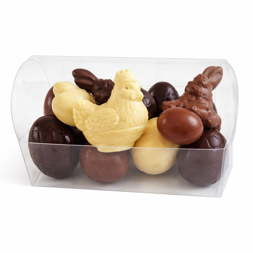 Paaskoffertje Klassiek - een mengeling van 13 holle eieren en figuurtjes