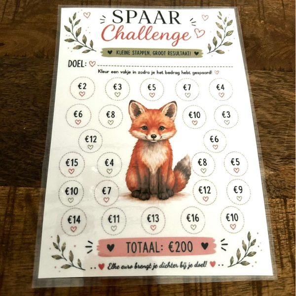 🦊 Spaar Challenge Vos – €200 Spaardoel | A5 Printable
