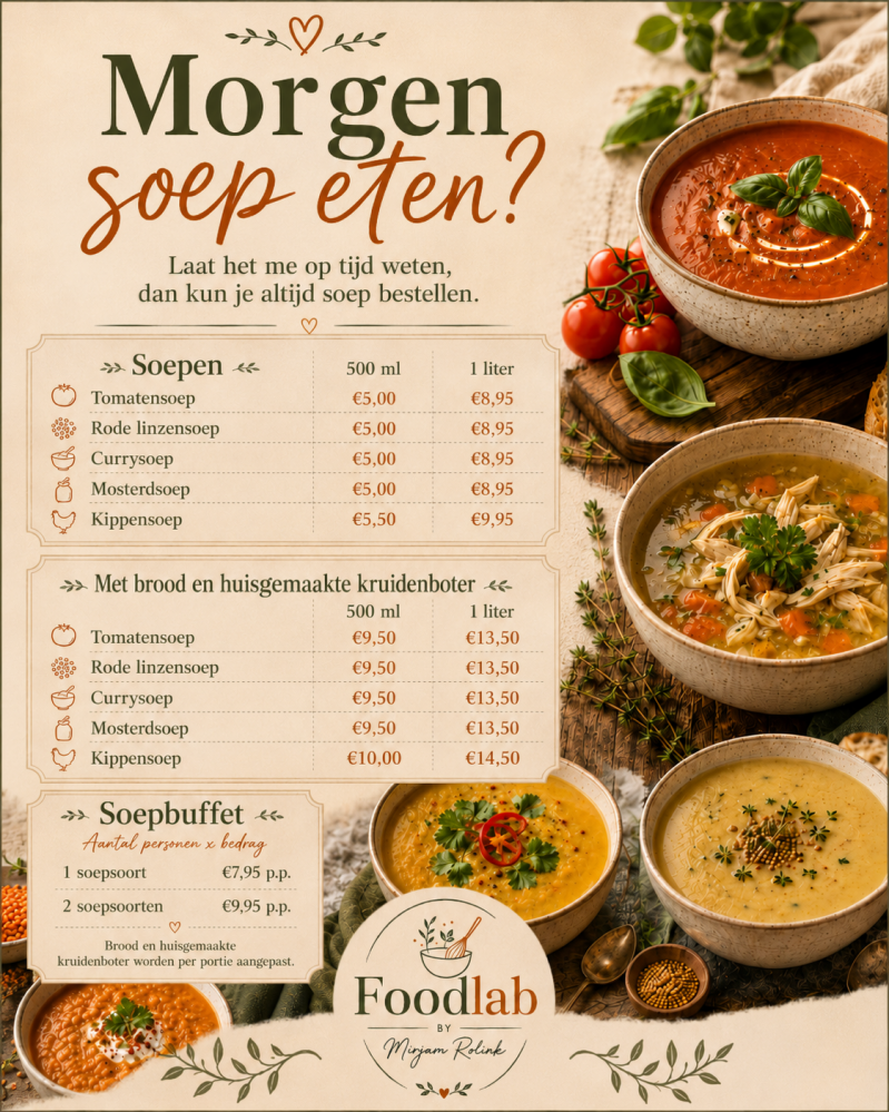 Huisgemaakte soepen van Foodlab by Mirjam Rolink in Zwolle-Stadshagen