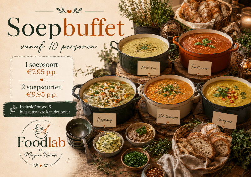 Soepbuffet van Foodlab in Zwolle met verschillende huisgemaakte soepen, brood en kruidenboter