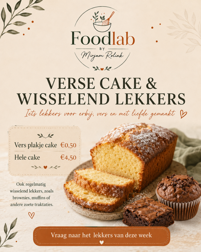 Verse cake en wisselende lekkernijen van Foodlab by Mirjam