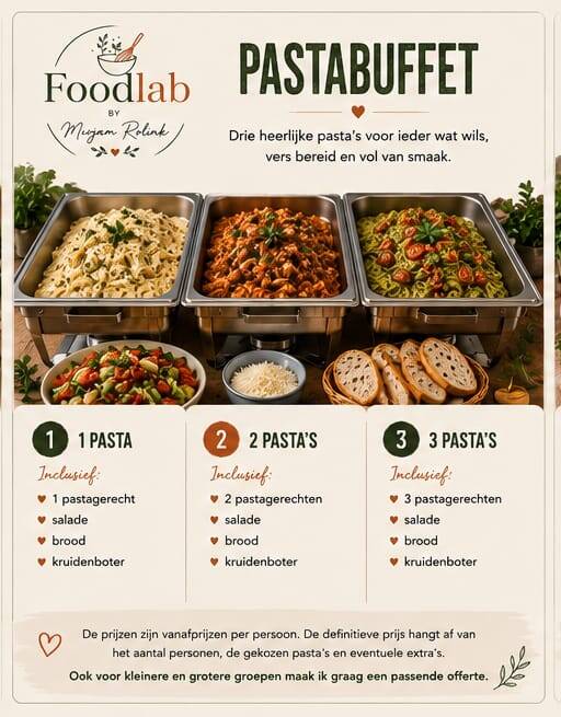 Huisgemaakt pastabuffet met verschillende pasta’s van Foodlab by Mirjam