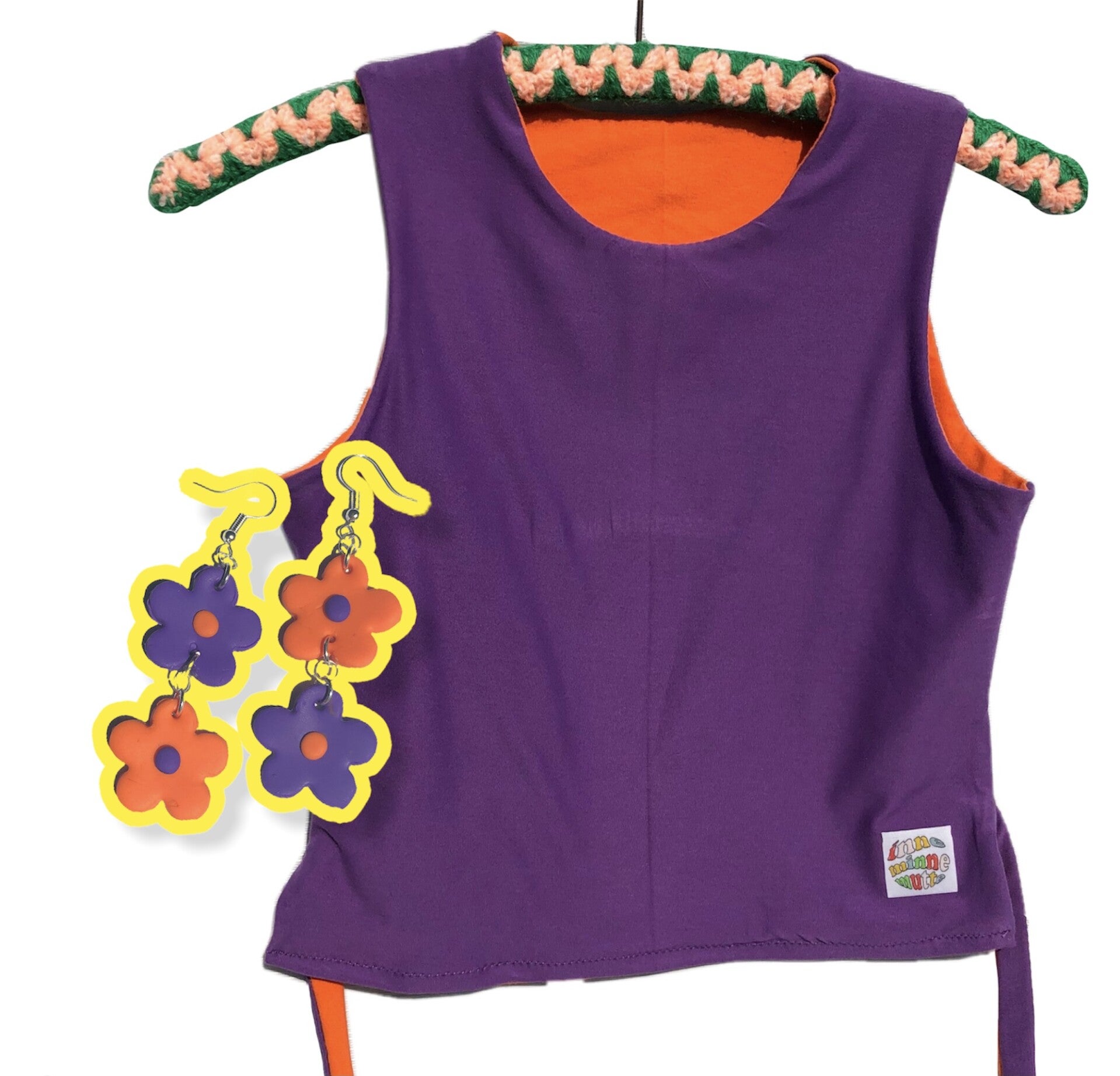 Reversible top + matching earrings set (orange-purple)