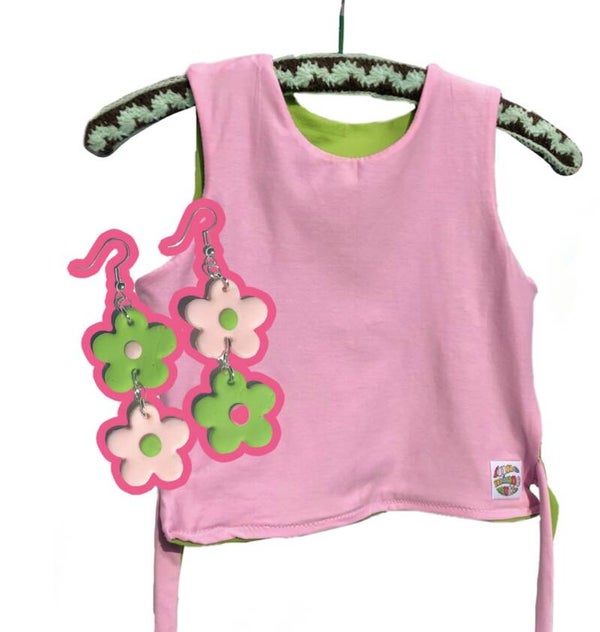 Reversible top + matching earrings set (baby pink-green)