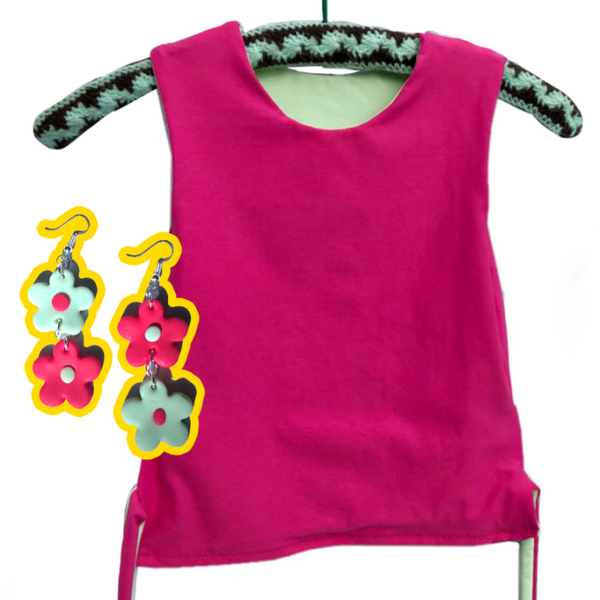 Reversible top + matching earrings set (pink-mint green)