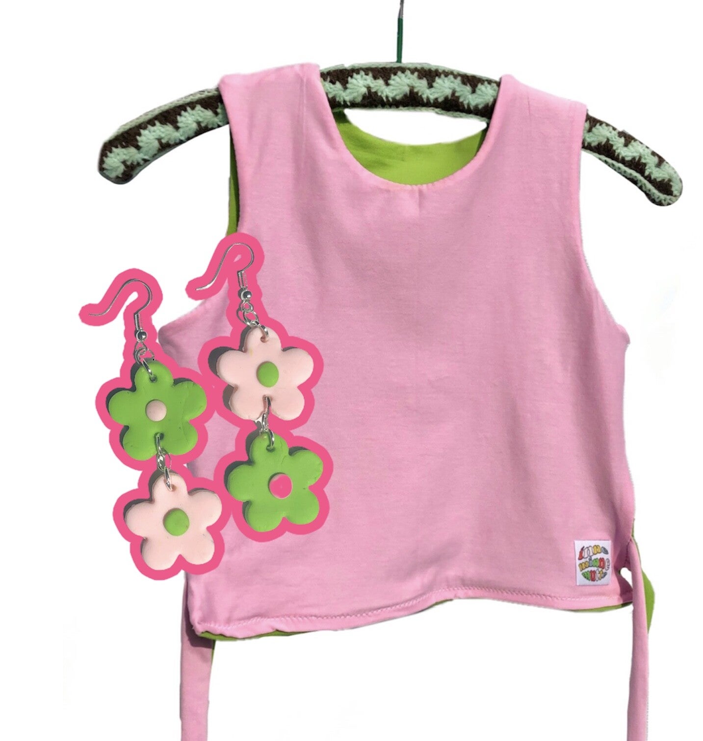 Reversible top + matching earrings set (baby pink-green)