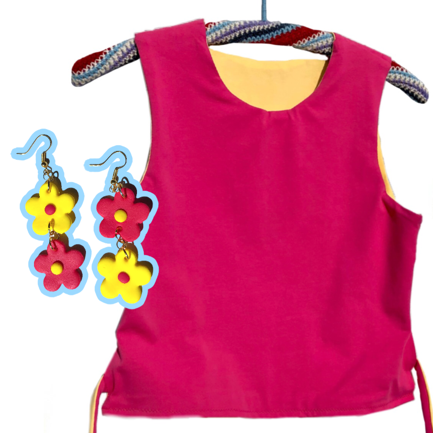Reversible top + matching earrings set (pink-yellow)