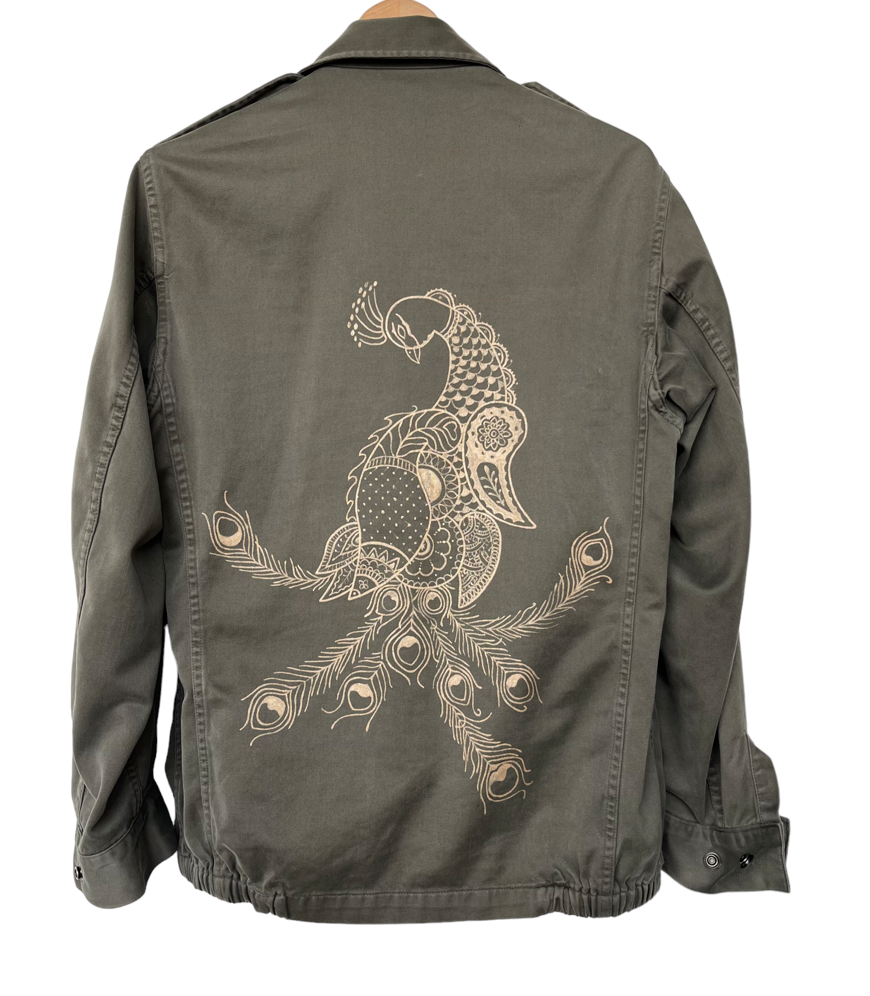 Handpainted vintage army jacket Peacock