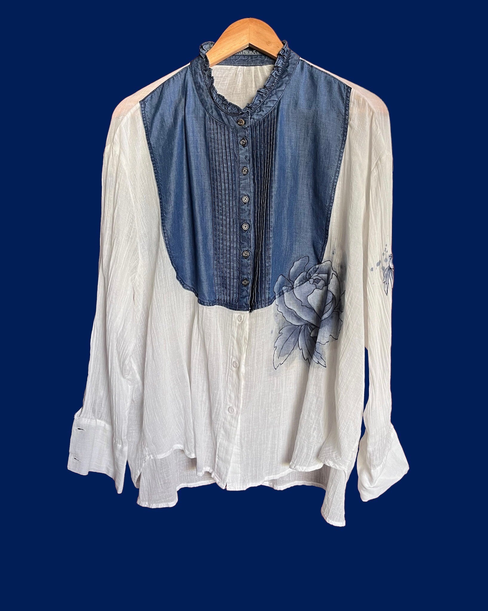 Handpainted white blouse, reworked Indigo Peonies