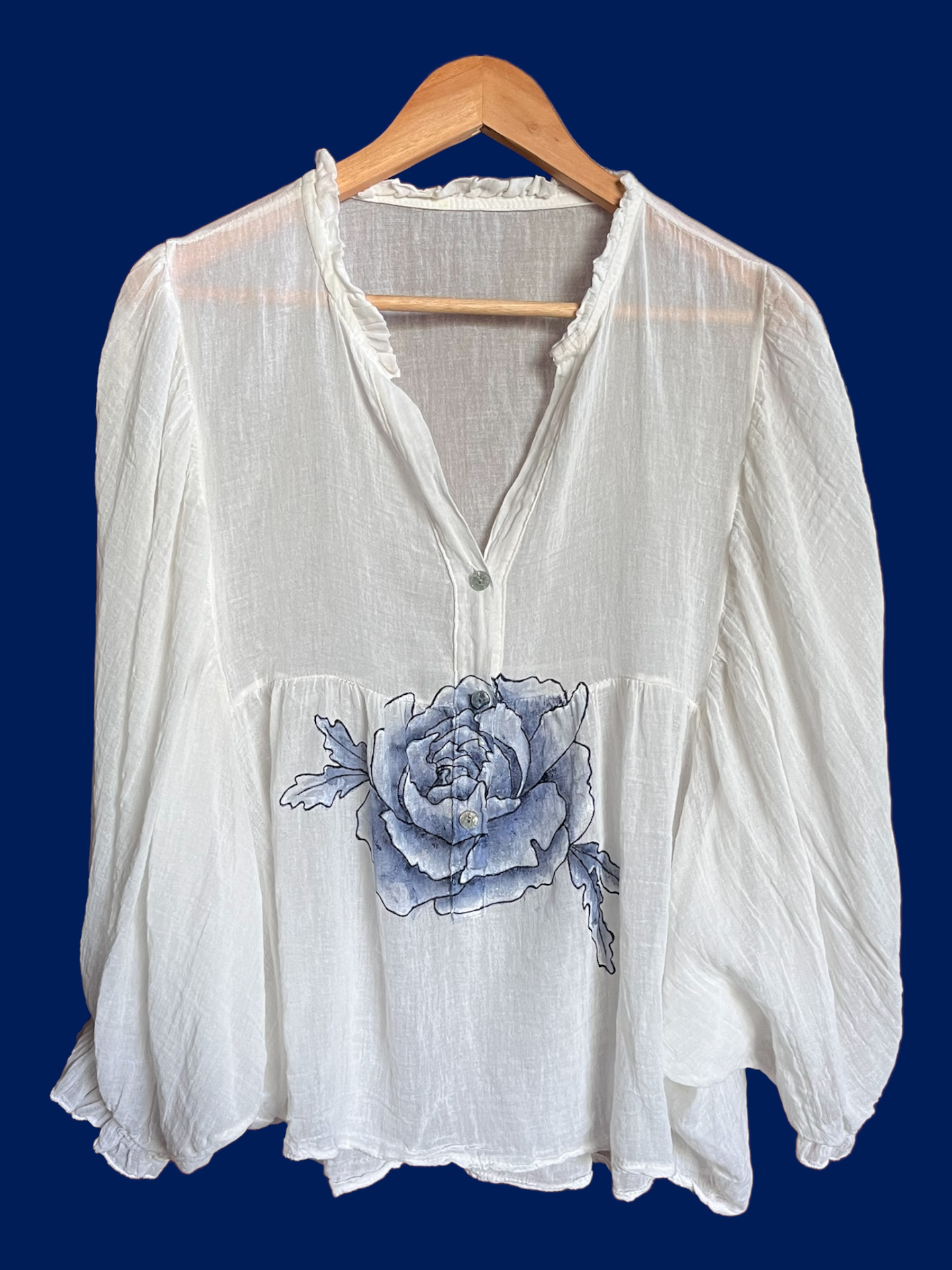 Handpainted, Off white blouse with balloon sleeves and Indigo Peony