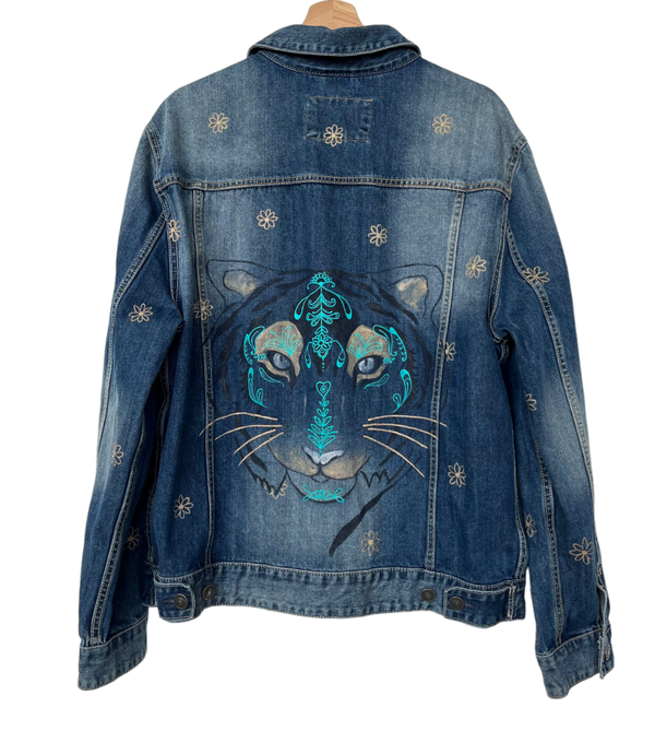 Handpainted preloved denim jack Tiger