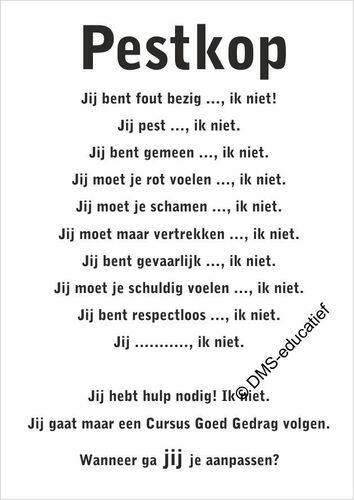 Poster met tekst over de pestkop, hij moet zich aanpassen