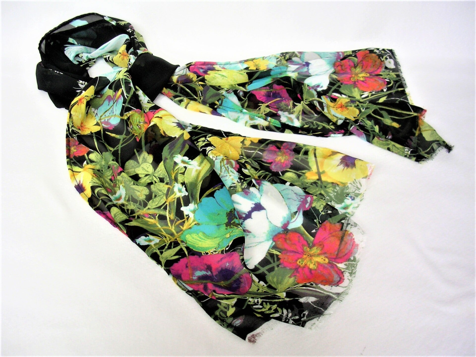 BRIGHT FLOWERS on BLACK CHIFFON