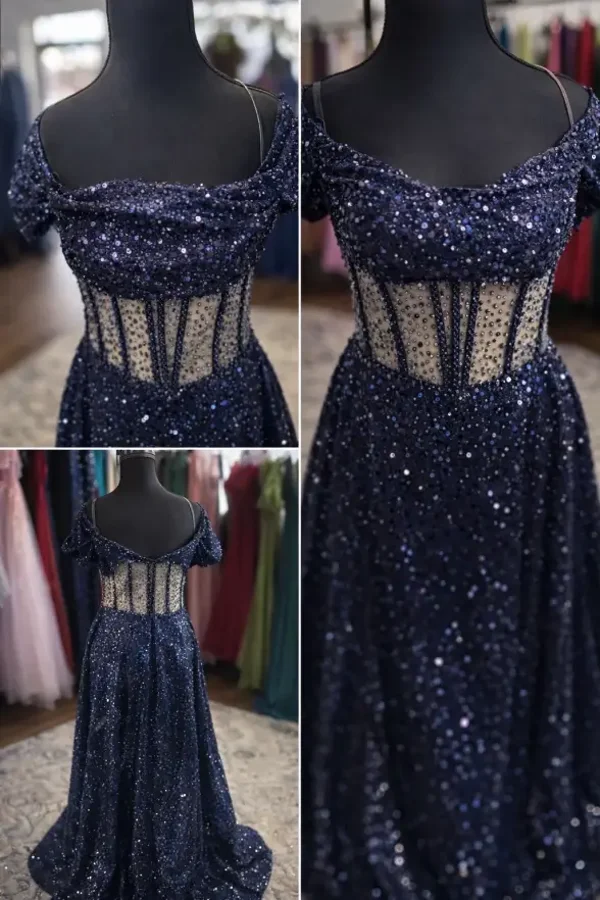 Navy Two-Piece Sequin Evening Dress