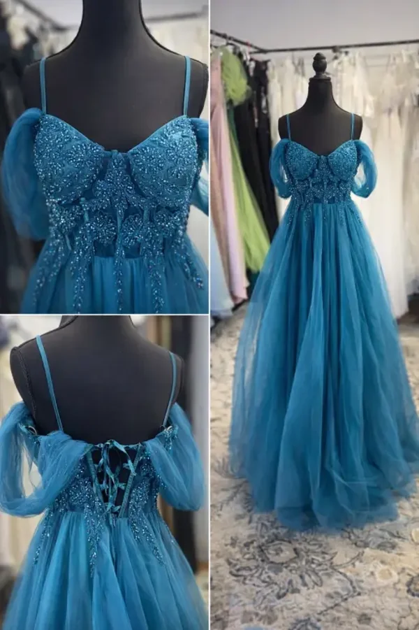 Blue Beaded A-Line Evening Dress