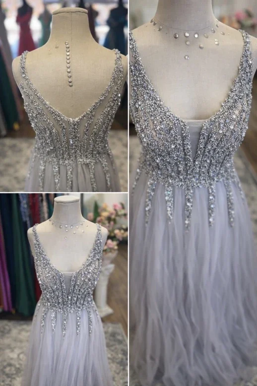 Silver Beaded Tulle Evening Dress
