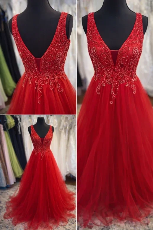 Red Beaded Fringe Evening Dress