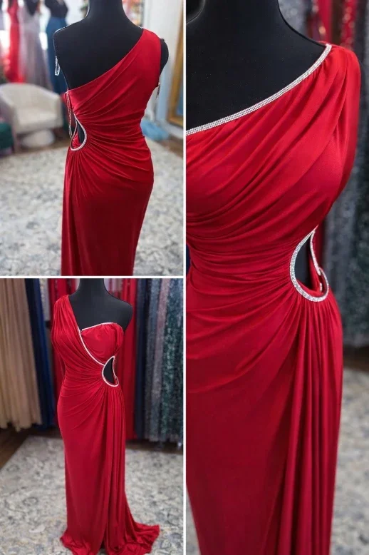 Red One-Shoulder Evening Dress