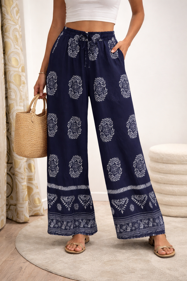 Pantalon fluide imprimé bleu marine